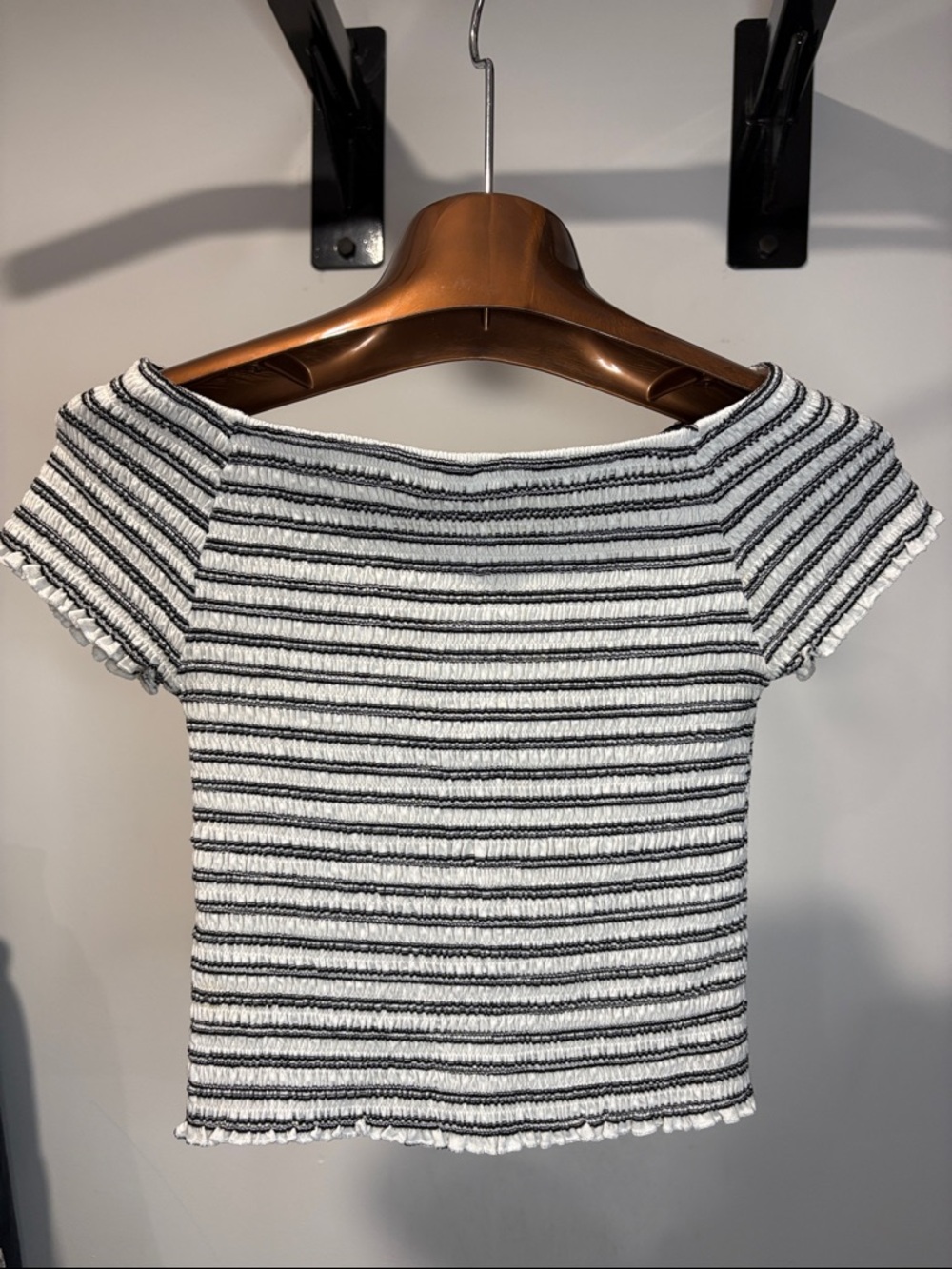 Eyeshadow Black & White Striped Smocked Off-Shoulder Crop Top